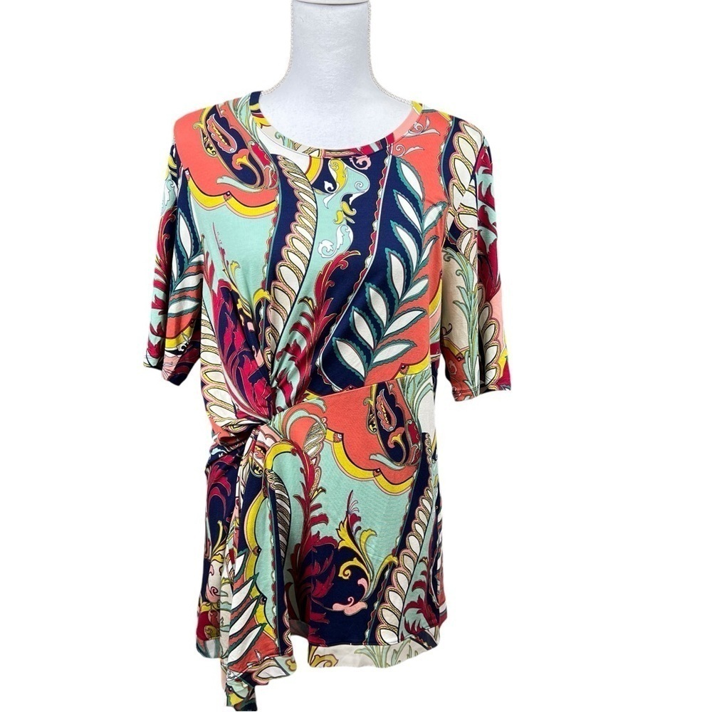 Chico's Womens 2 U.S. Large Abstract Draped Tunic Touch of Cool Twist Detail NWT